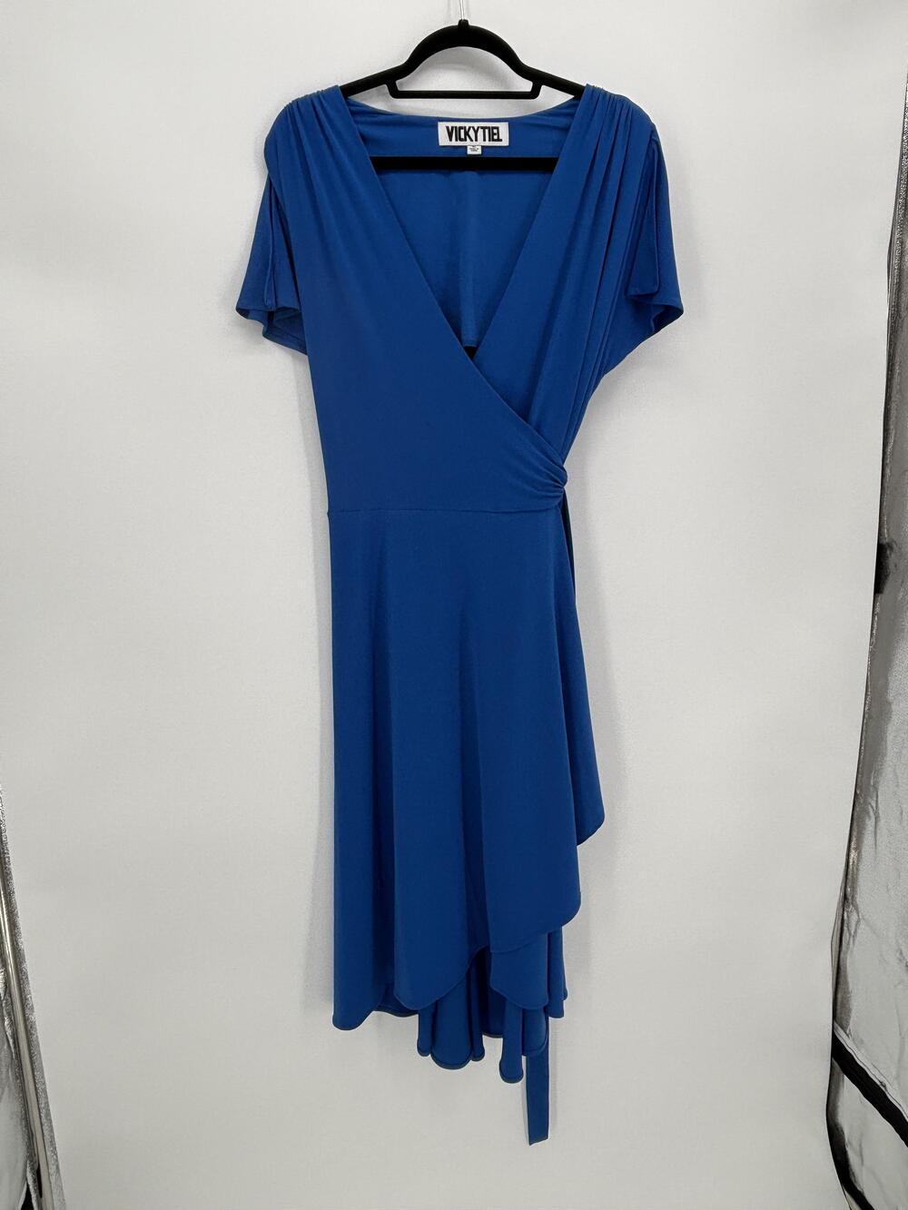 Vicky Tiel Dress Womens XL Blue Wrap Hi Low Flutter Sleeve Belted Jersey classic